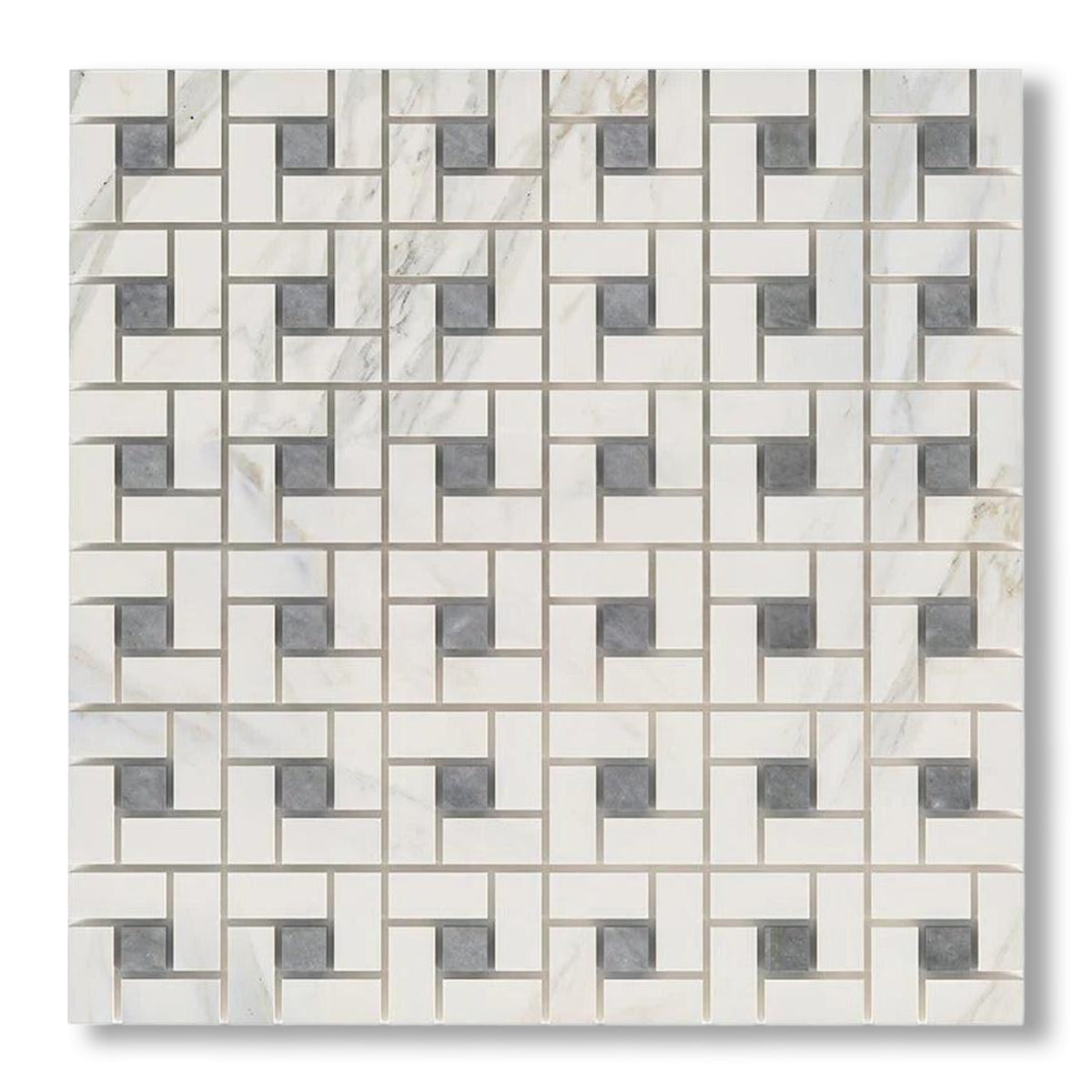 Calacatta Gold Marble Honed Pinwheel Mosaic Tile w/ Blue-Gray Dots - American Tile Depot