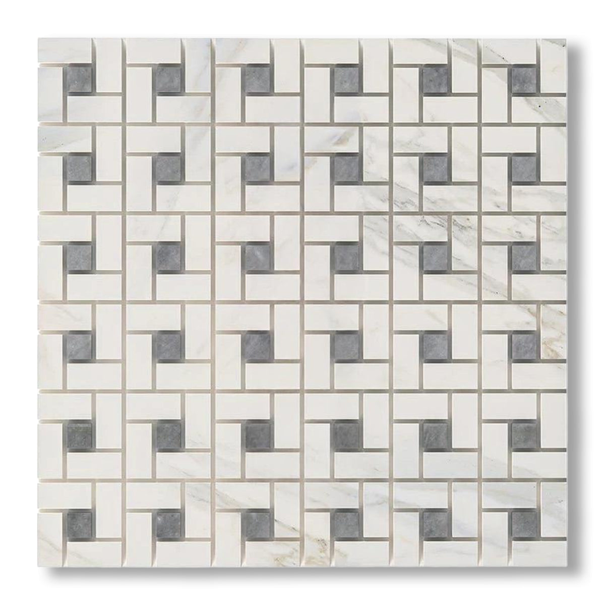 Calacatta Gold Marble Polished Pinwheel Mosaic Tile w/ Blue-Gray Dots - American Tile Depot