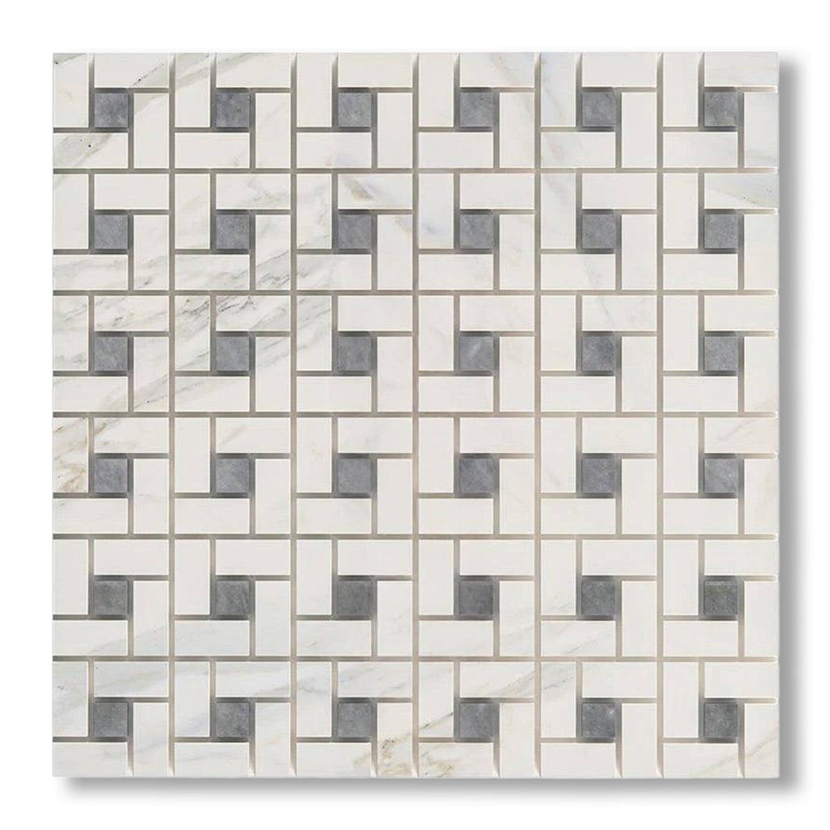 Calacatta Gold Marble Polished Pinwheel Mosaic Tile w/ Blue-Gray Dots - American Tile Depot
