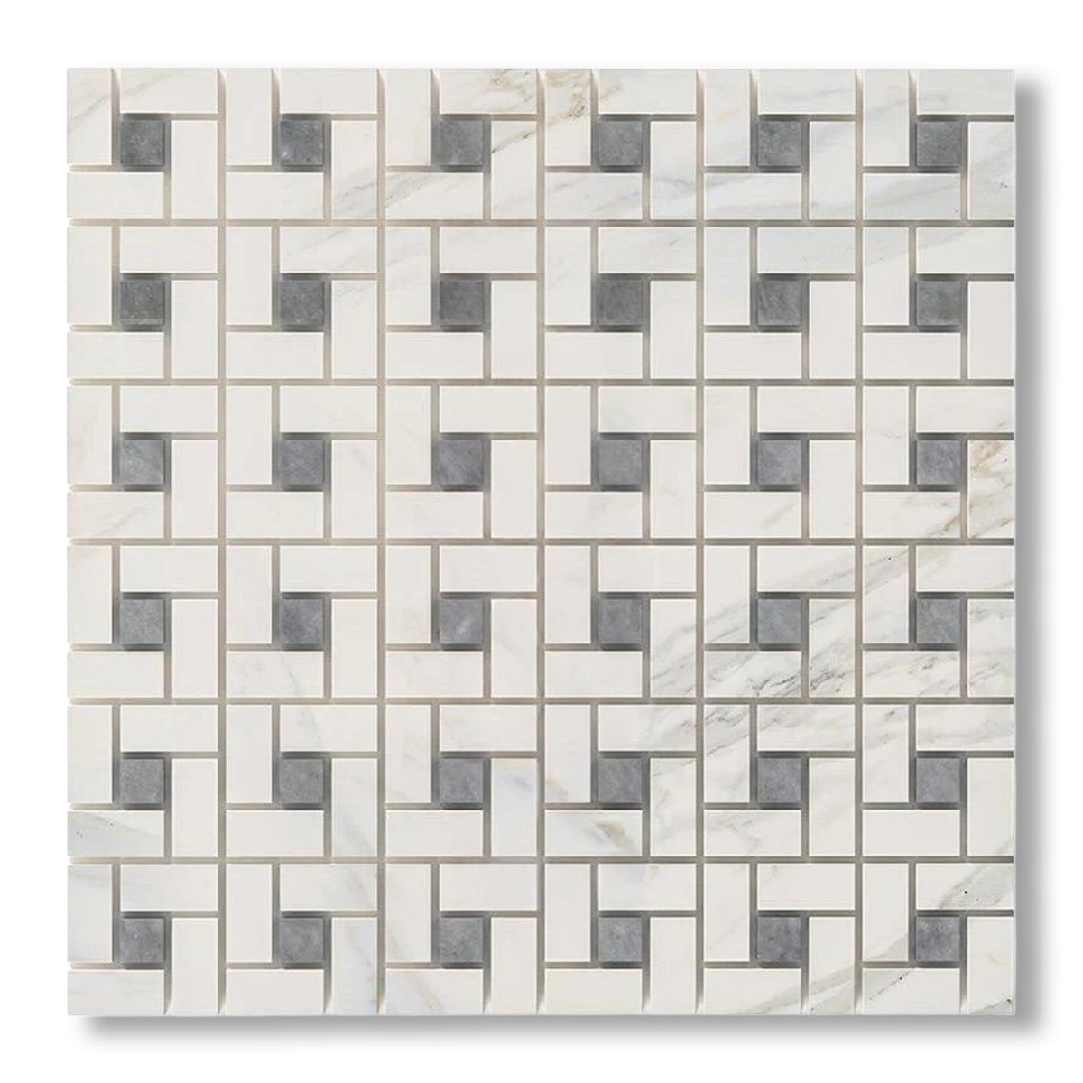 Calacatta Gold Marble Honed Pinwheel Mosaic Tile w/ Blue-Gray Dots - American Tile Depot