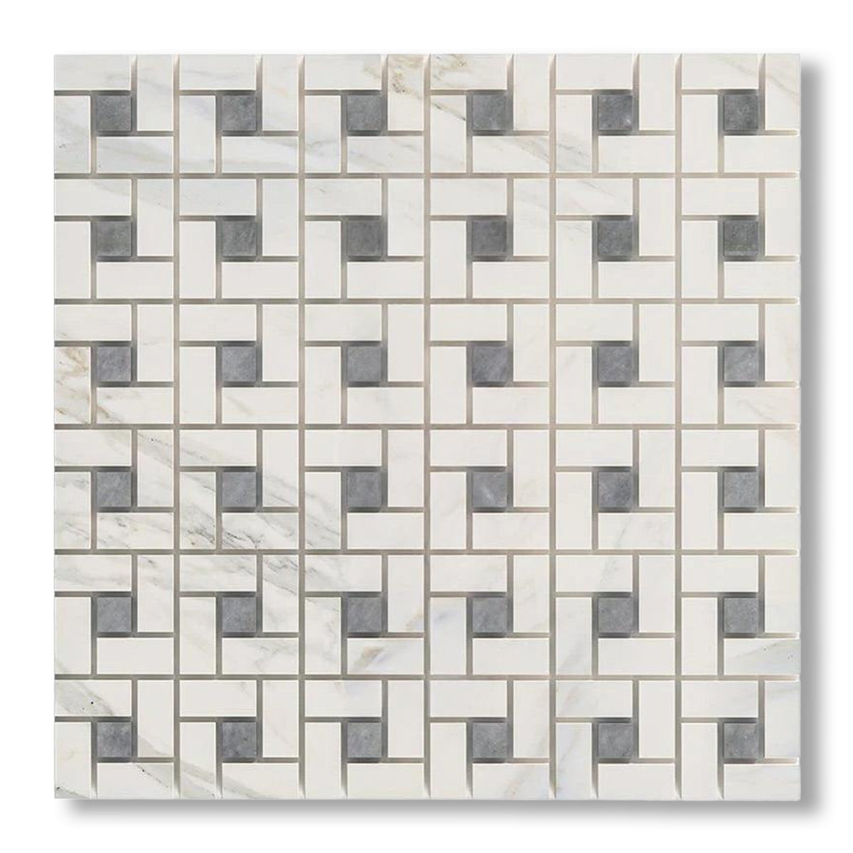 Calacatta Gold Marble Honed Pinwheel Mosaic Tile w/ Blue-Gray Dots - American Tile Depot