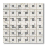 Calacatta Gold Marble Polished Pinwheel Mosaic Tile w/ Blue-Gray Dots - American Tile Depot