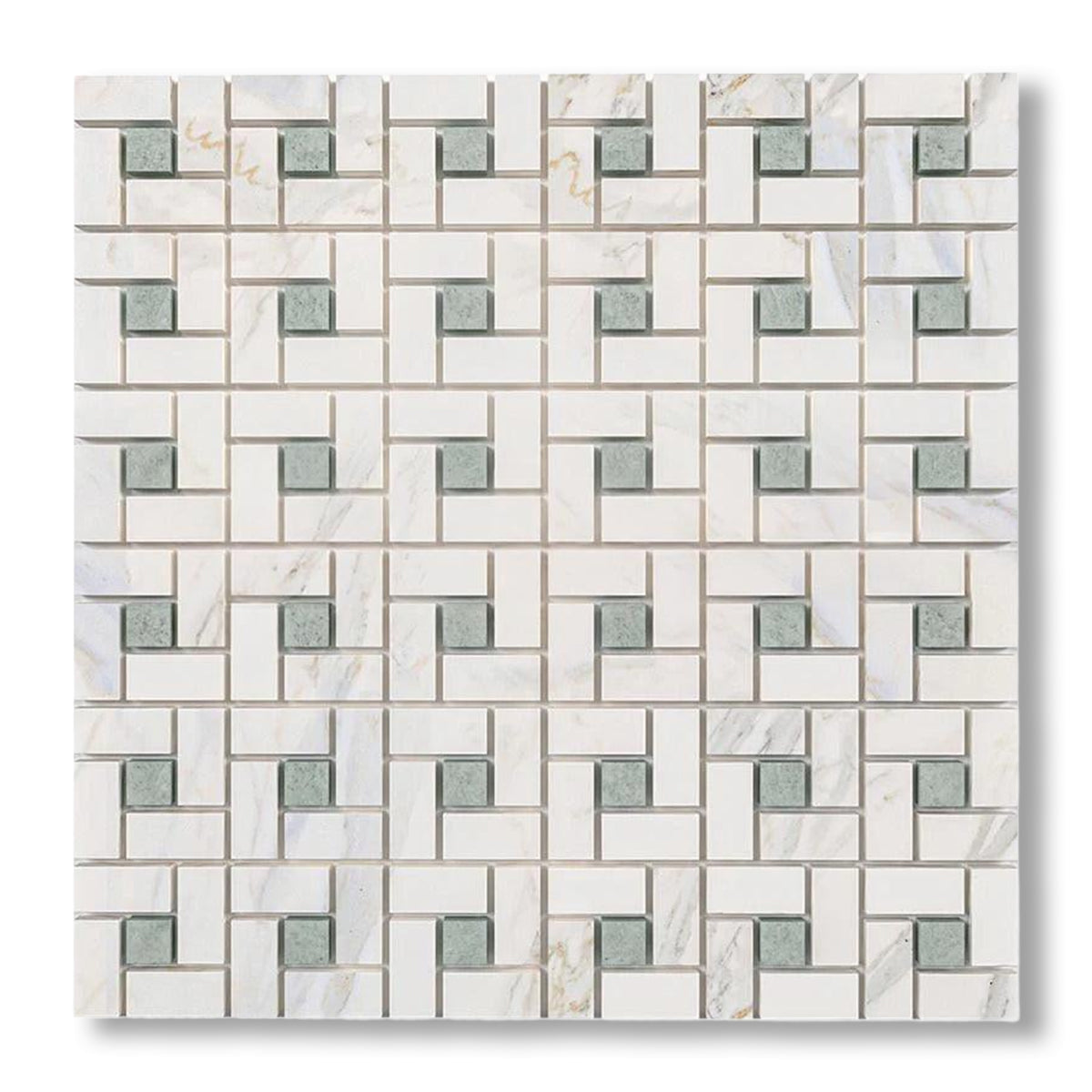Calacatta Gold Marble Honed Pinwheel Mosaic Tile w/ Ming Green Dots - American Tile Depot
