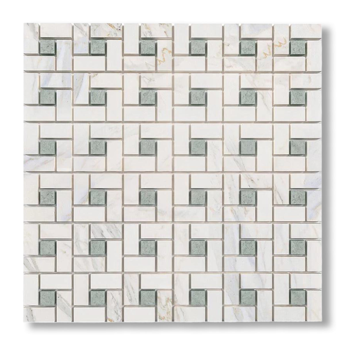 Calacatta Gold Marble Honed Pinwheel Mosaic Tile w/ Ming Green Dots - American Tile Depot