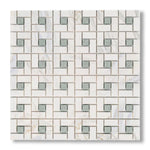 Calacatta Gold Marble Honed Pinwheel Mosaic Tile w/ Ming Green Dots - American Tile Depot