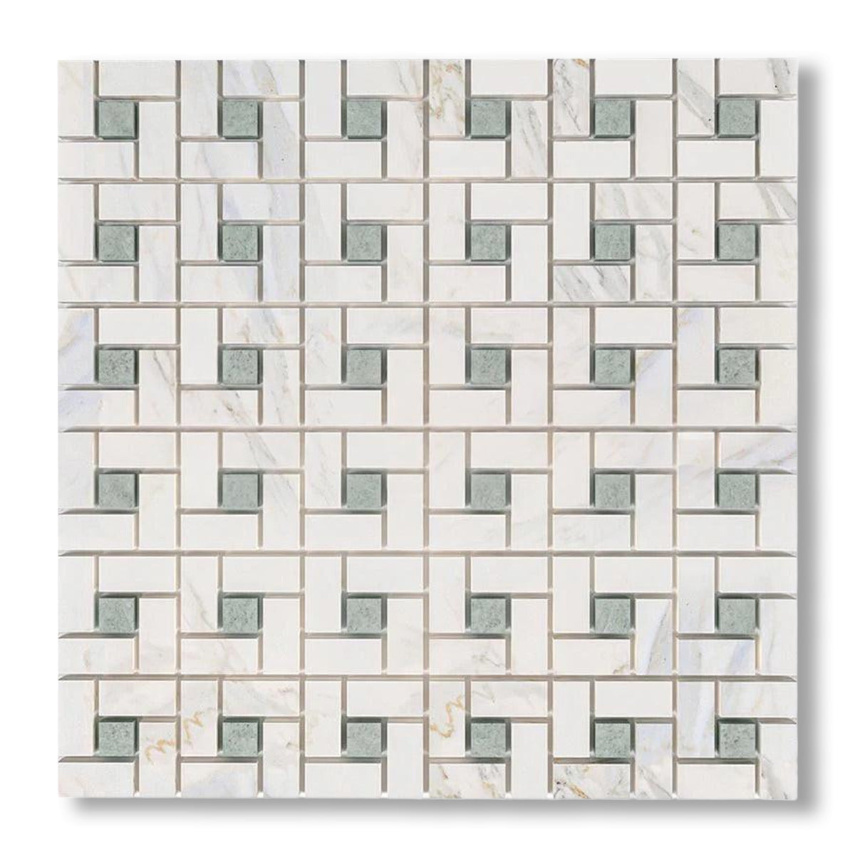 Calacatta Gold Marble Honed Pinwheel Mosaic Tile w/ Ming Green Dots - American Tile Depot