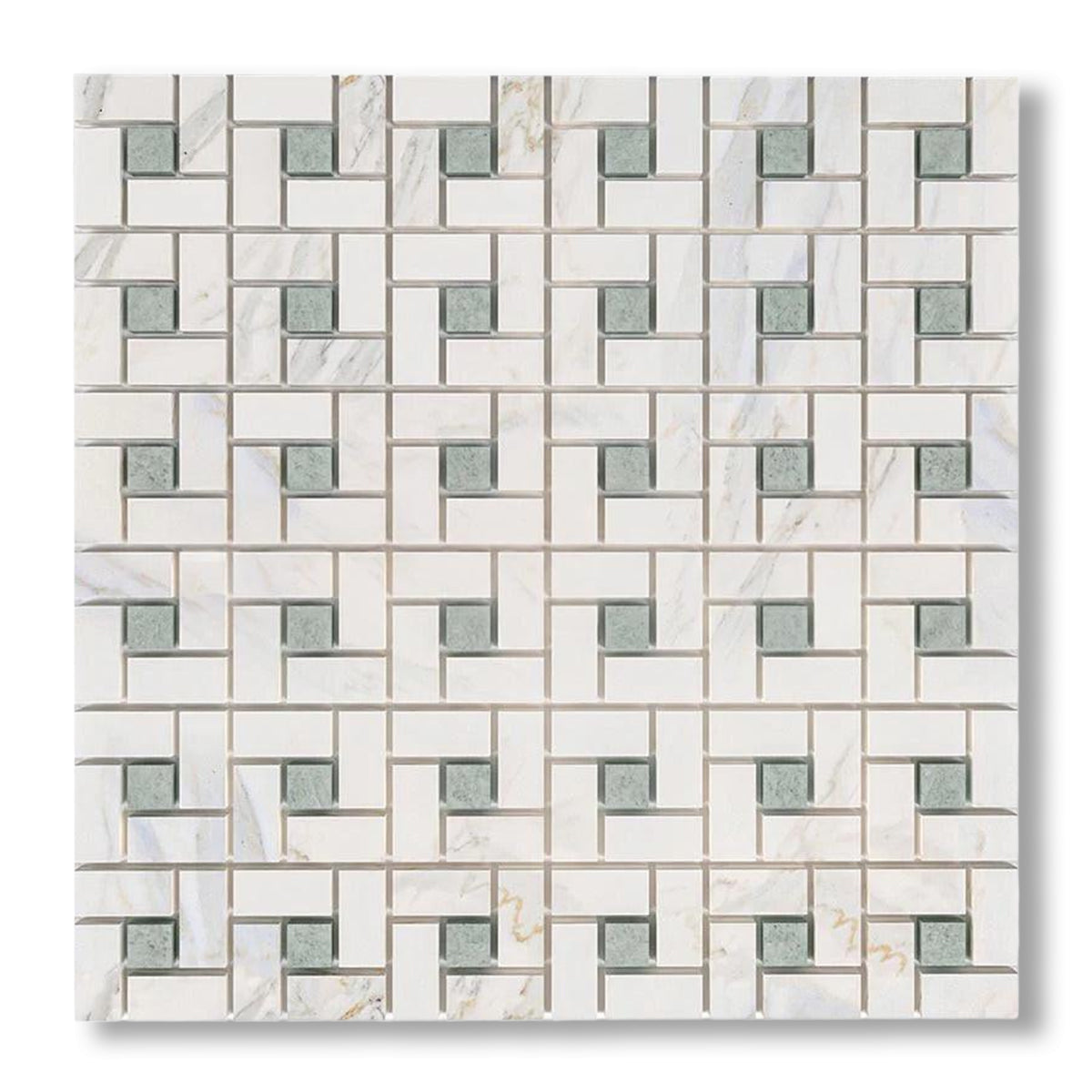 Calacatta Gold Marble Honed Pinwheel Mosaic Tile w/ Ming Green Dots - American Tile Depot