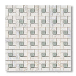 Calacatta Gold Marble Polished Pinwheel Mosaic Tile w/ Ming Green Dots - American Tile Depot