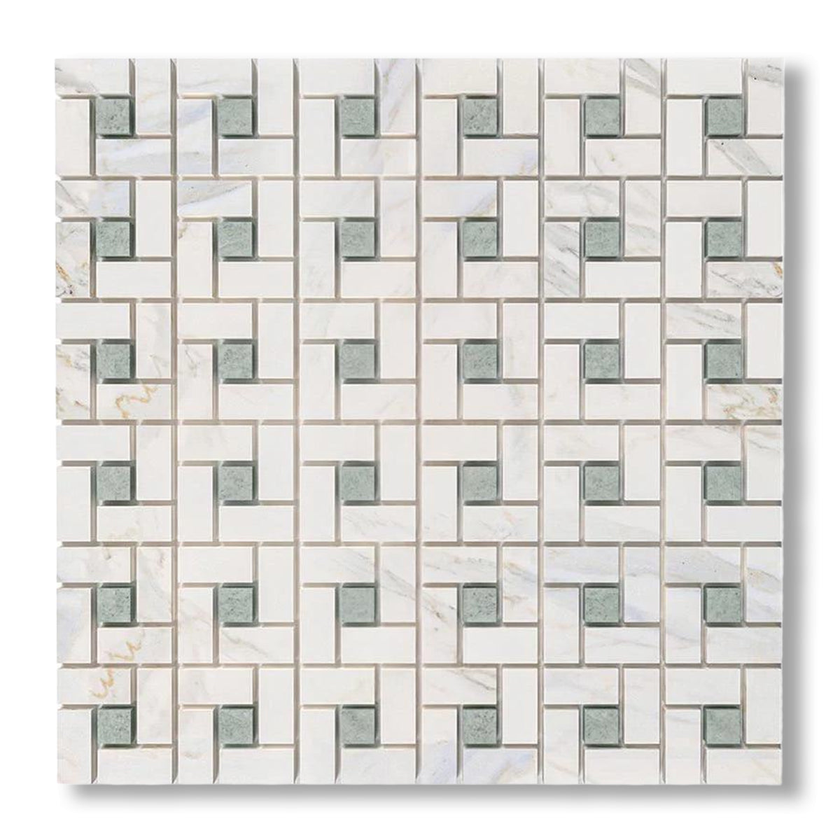 Calacatta Gold Marble Polished Pinwheel Mosaic Tile w/ Ming Green Dots - American Tile Depot