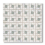 Calacatta Gold Marble Honed Pinwheel Mosaic Tile w/ Ming Green Dots - American Tile Depot