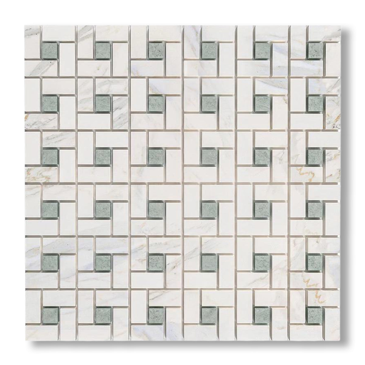 Calacatta Gold Marble Polished Pinwheel Mosaic Tile w/ Ming Green Dots - American Tile Depot