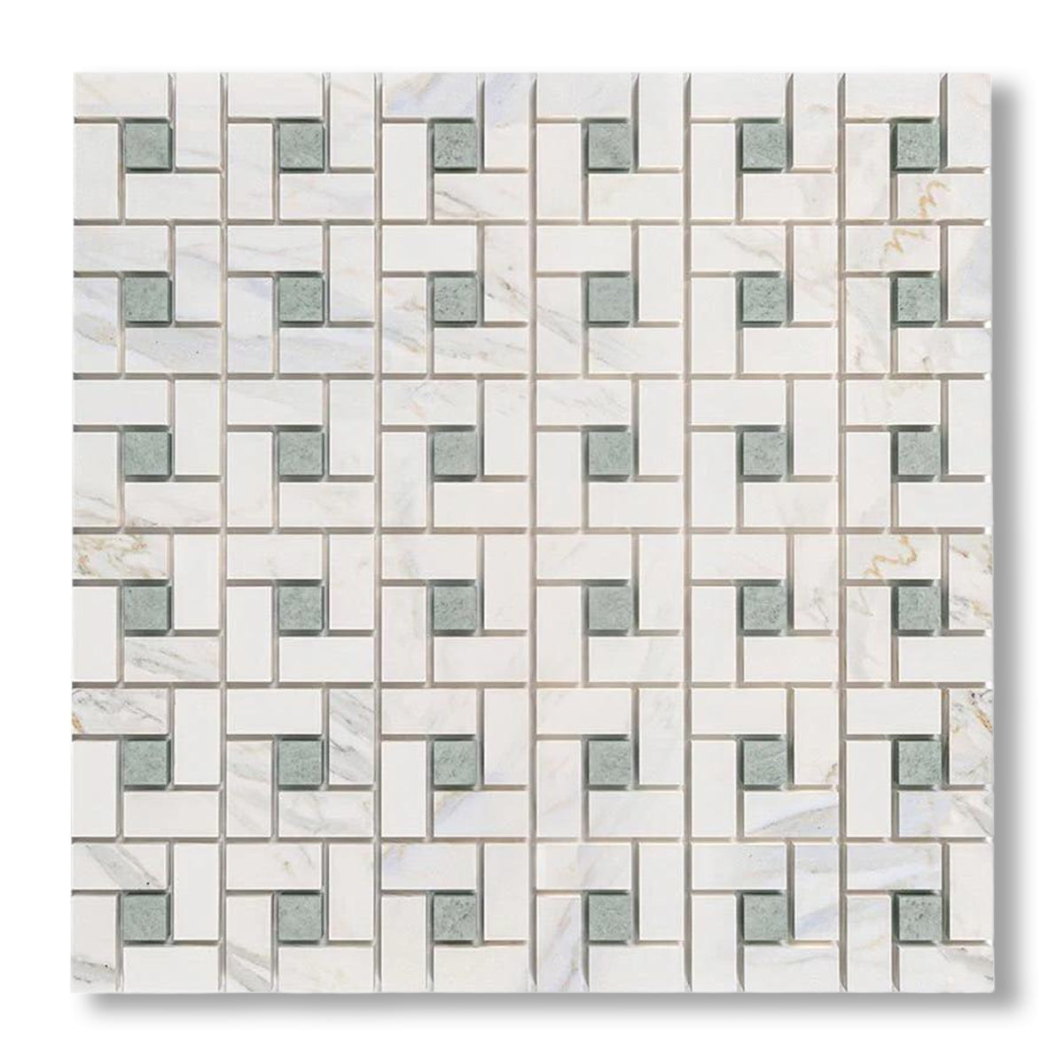 Calacatta Gold Marble Honed Pinwheel Mosaic Tile w/ Ming Green Dots - American Tile Depot