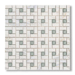 Calacatta Gold Marble Polished Pinwheel Mosaic Tile w/ Ming Green Dots - American Tile Depot