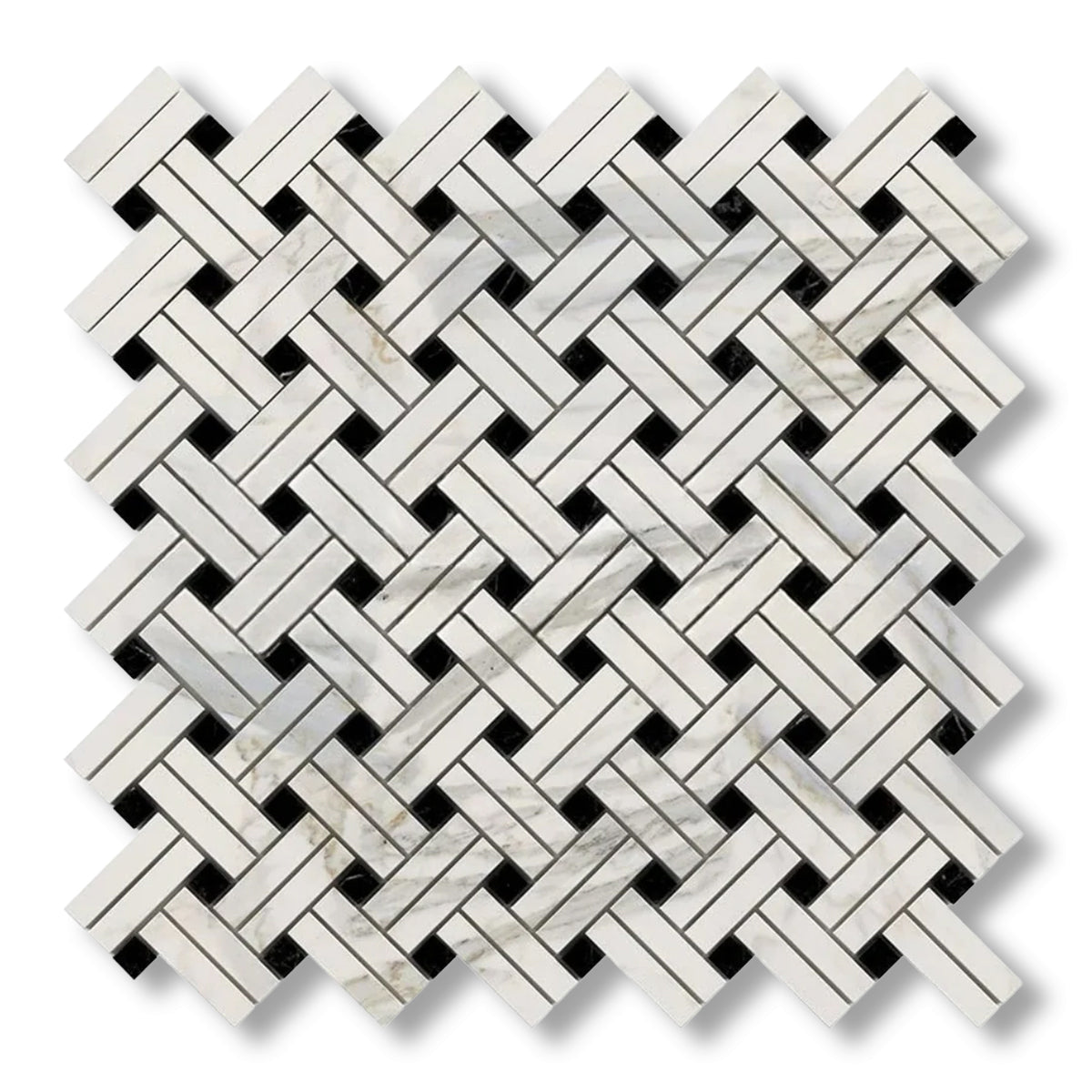 Calacatta Gold Marble Honed Stanza Basketweave Mosaic Tile w/ Black Dots - American Tile Depot