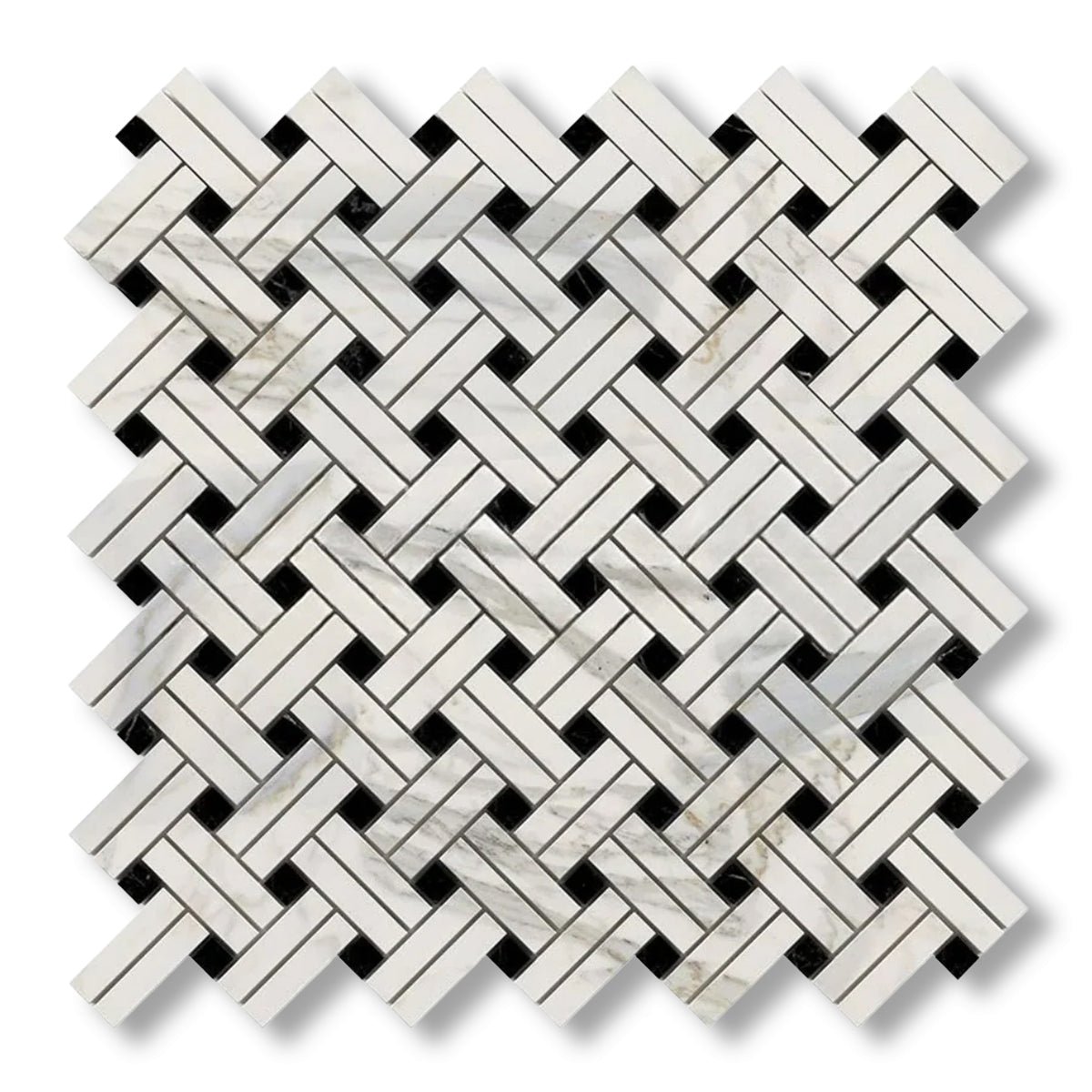 Calacatta Gold Marble Polished Stanza Basketweave Mosaic Tile w/ Black Dots - American Tile Depot