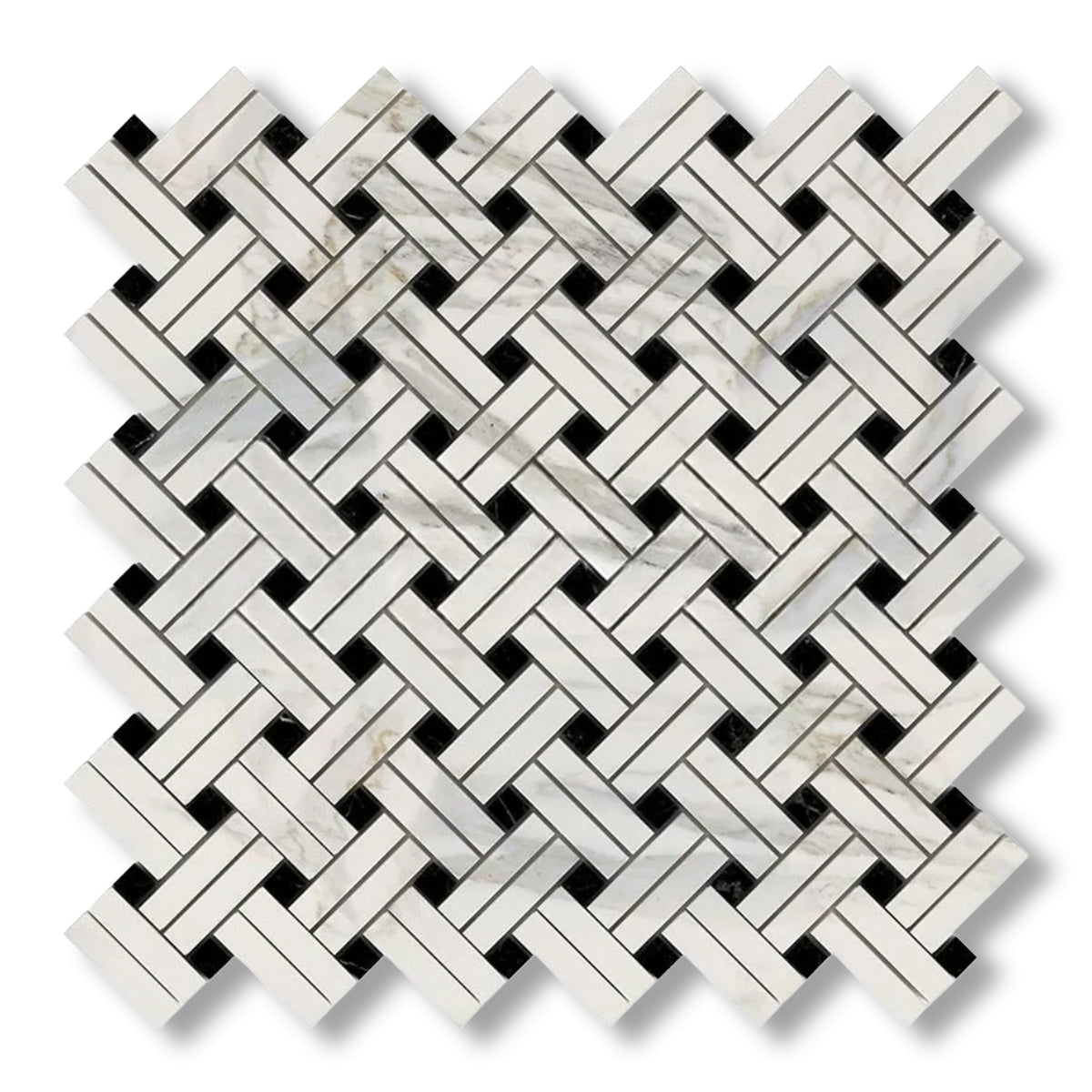 Calacatta Gold Marble Polished Stanza Basketweave Mosaic Tile w/ Black Dots - American Tile Depot