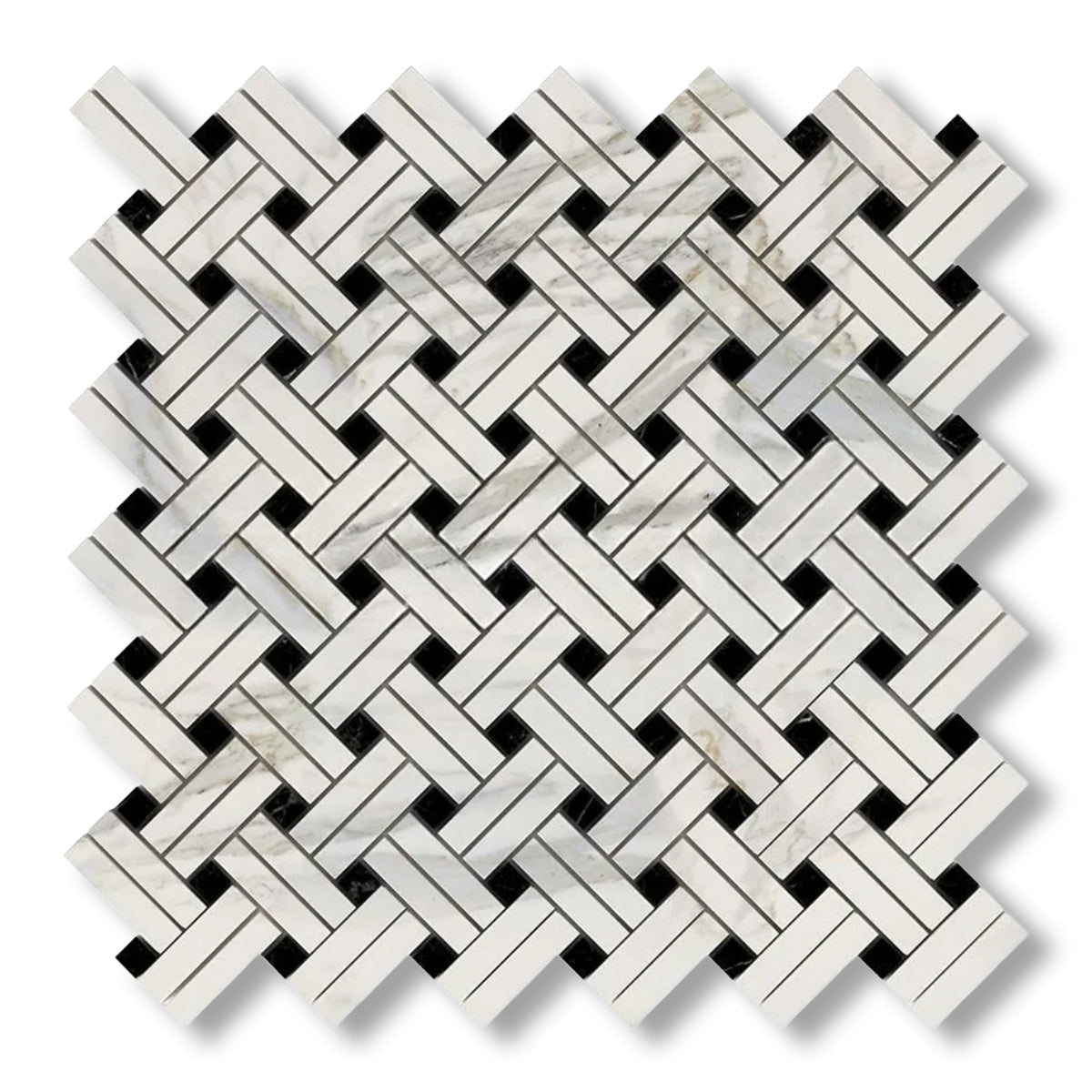 Calacatta Gold Marble Polished Stanza Basketweave Mosaic Tile w/ Black Dots - American Tile Depot