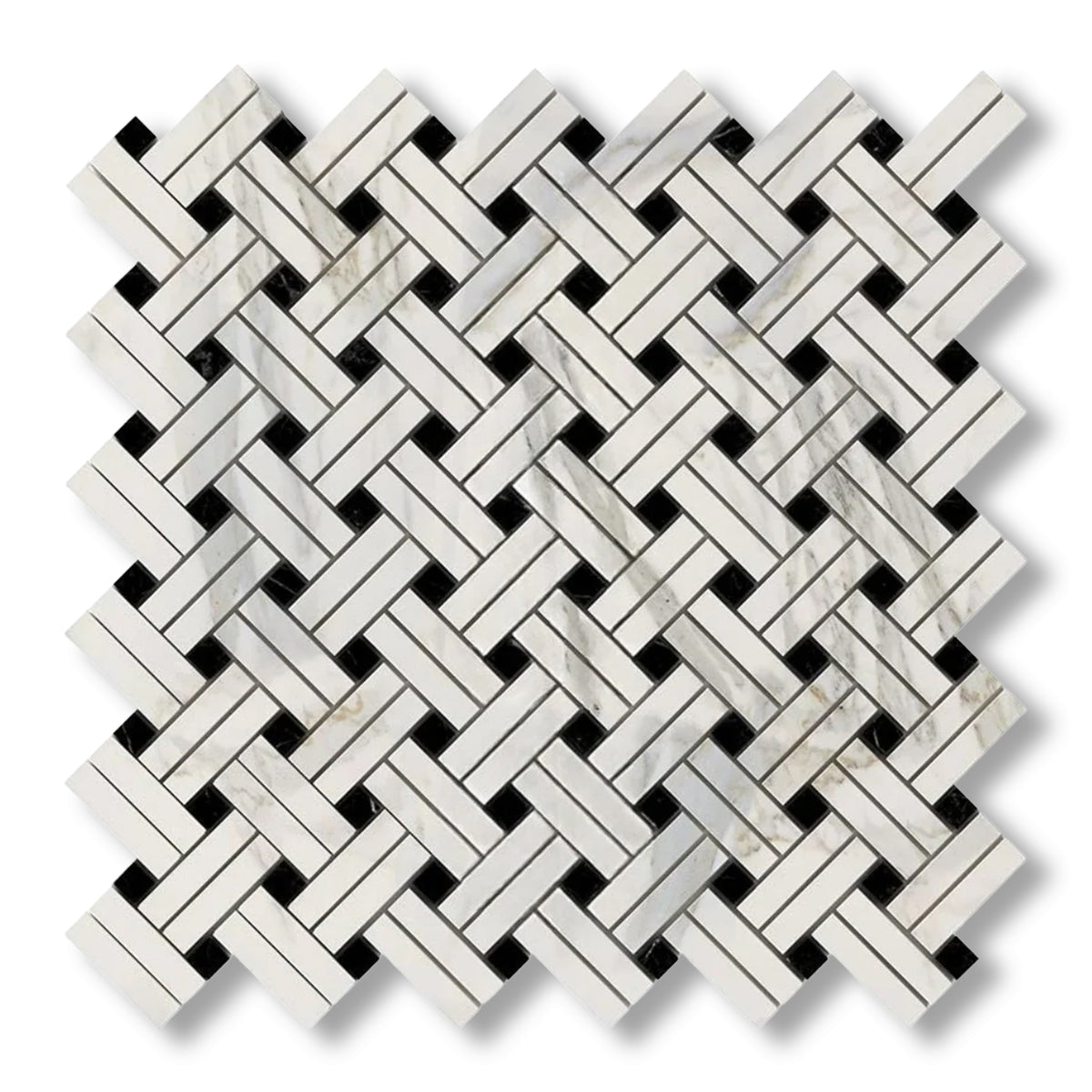 Calacatta Gold Marble Honed Stanza Basketweave Mosaic Tile w/ Black Dots - American Tile Depot