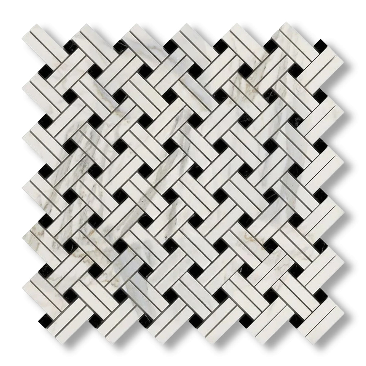 Calacatta Gold Marble Honed Stanza Basketweave Mosaic Tile w/ Black Dots - American Tile Depot