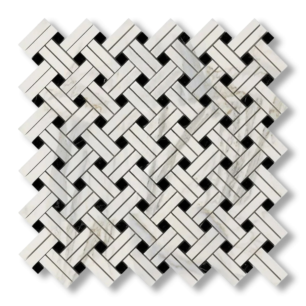 Calacatta Gold Marble Honed Stanza Basketweave Mosaic Tile w/ Black Dots - American Tile Depot