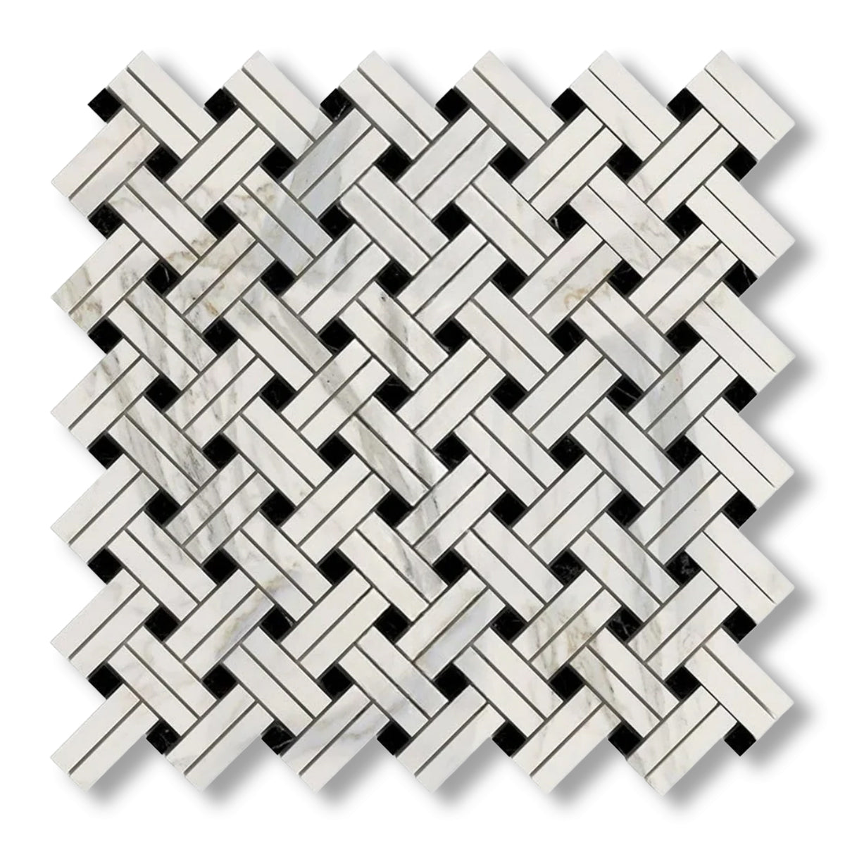Calacatta Gold Marble Honed Stanza Basketweave Mosaic Tile w/ Black Dots - American Tile Depot