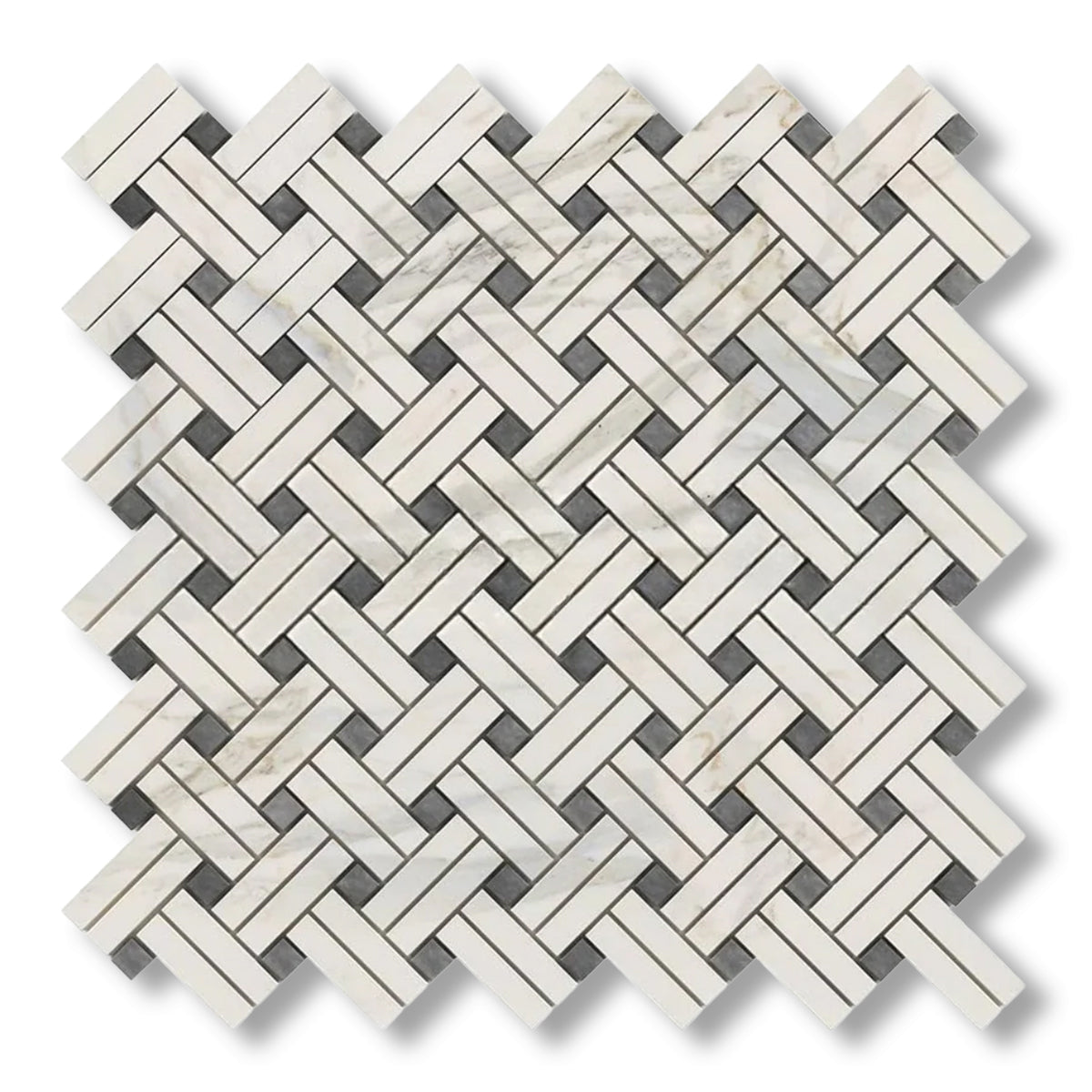 Calacatta Gold Marble Honed Stanza Basketweave Mosaic Tile w/ Blue-Gray Dots - American Tile Depot