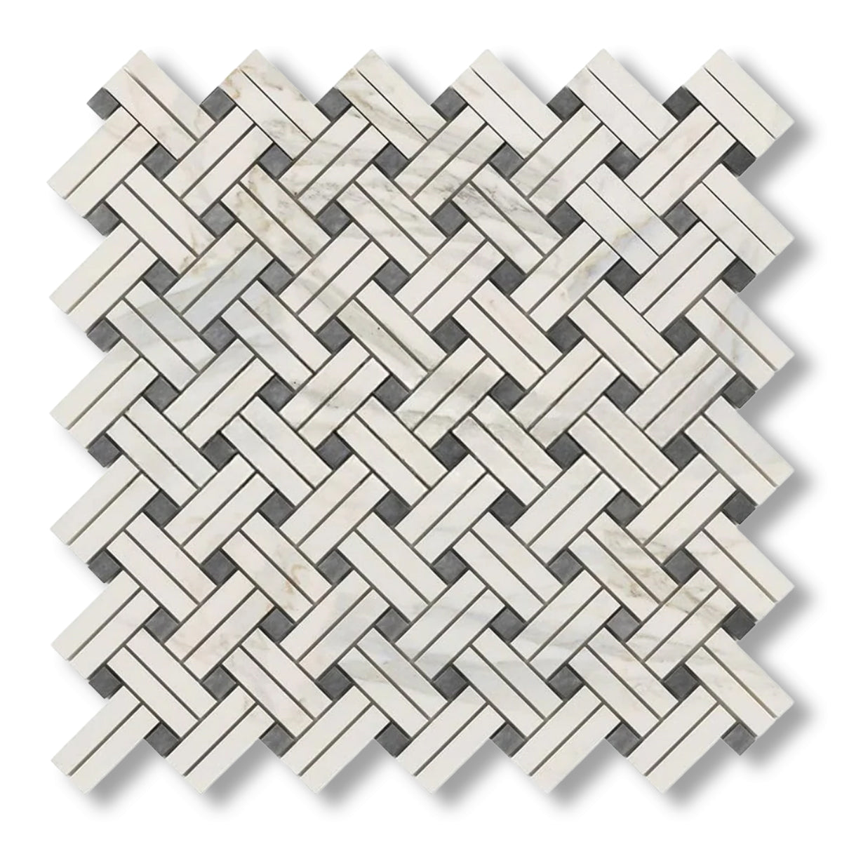 Calacatta Gold Marble Honed Stanza Basketweave Mosaic Tile w/ Blue-Gray Dots - American Tile Depot