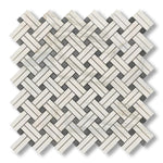 Calacatta Gold Marble Polished Stanza Basketweave Mosaic Tile w/ Blue-Gray Dots - American Tile Depot