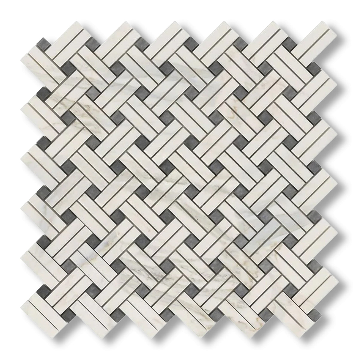 Calacatta Gold Marble Polished Stanza Basketweave Mosaic Tile w/ Blue-Gray Dots - American Tile Depot