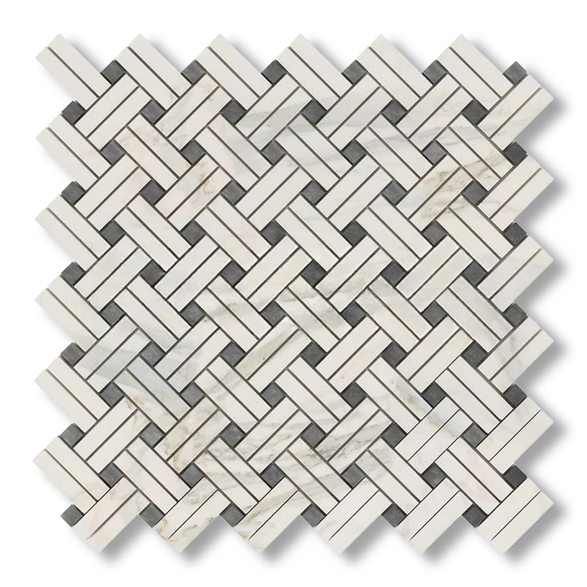 Calacatta Gold Marble Honed Stanza Basketweave Mosaic Tile w/ Blue-Gray Dots - American Tile Depot