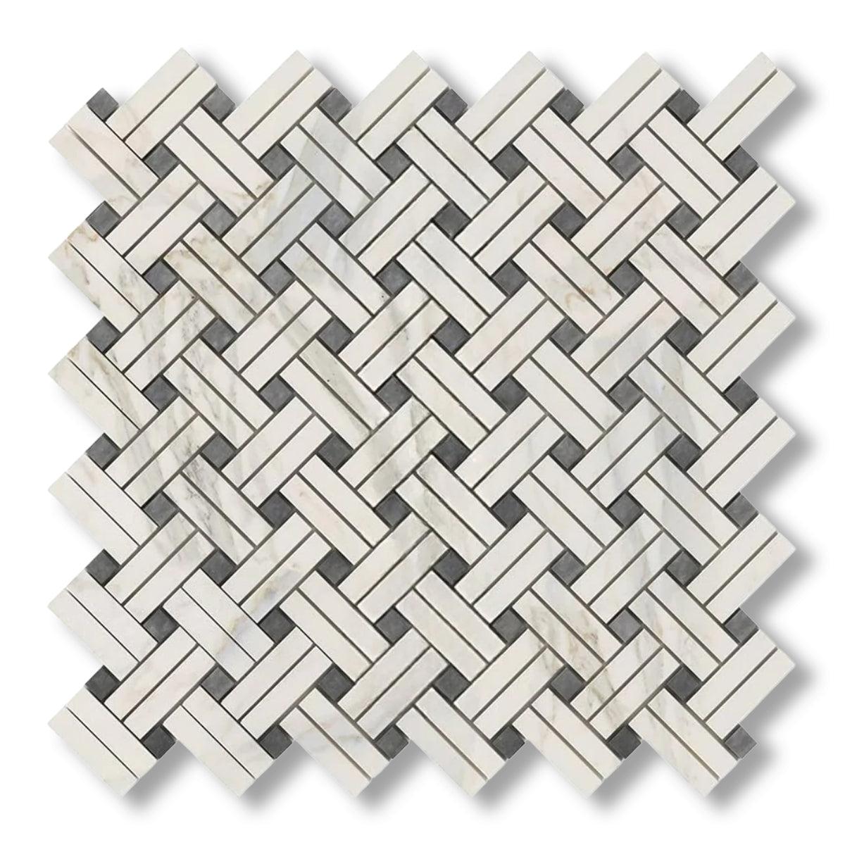 Calacatta Gold Marble Honed Stanza Basketweave Mosaic Tile w/ Blue-Gray Dots - American Tile Depot