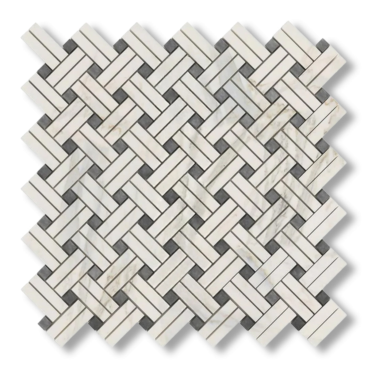 Calacatta Gold Marble Honed Stanza Basketweave Mosaic Tile w/ Blue-Gray Dots - American Tile Depot