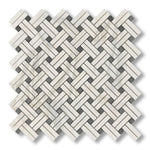 Calacatta Gold Marble Honed Stanza Basketweave Mosaic Tile w/ Blue-Gray Dots - American Tile Depot