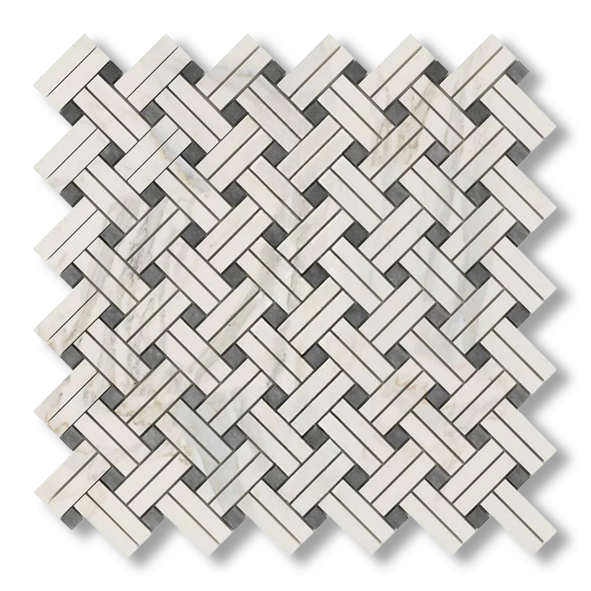 Calacatta Gold Marble Honed Stanza Basketweave Mosaic Tile w/ Blue-Gray Dots - American Tile Depot