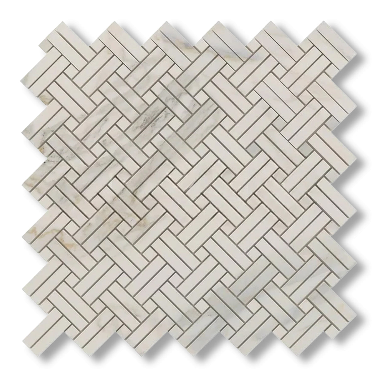 Calacatta Gold Marble Polished Stanza Basketweave Mosaic Tile w/ Calacatta Gold Dots - American Tile Depot