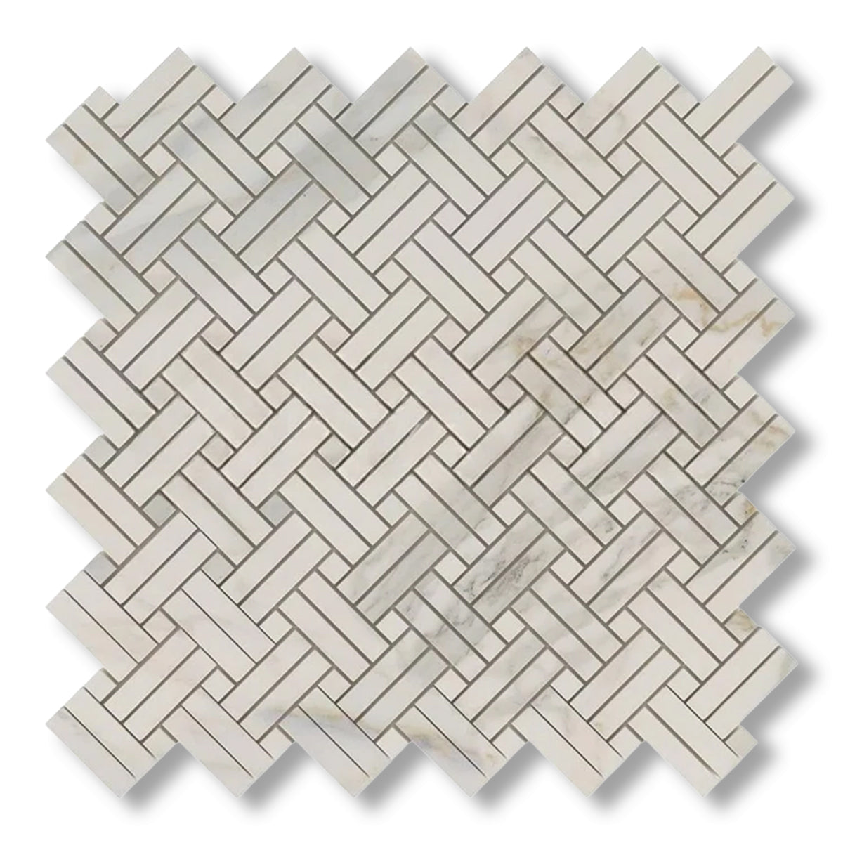 Calacatta Gold Marble Polished Stanza Basketweave Mosaic Tile w/ Calacatta Gold Dots - American Tile Depot