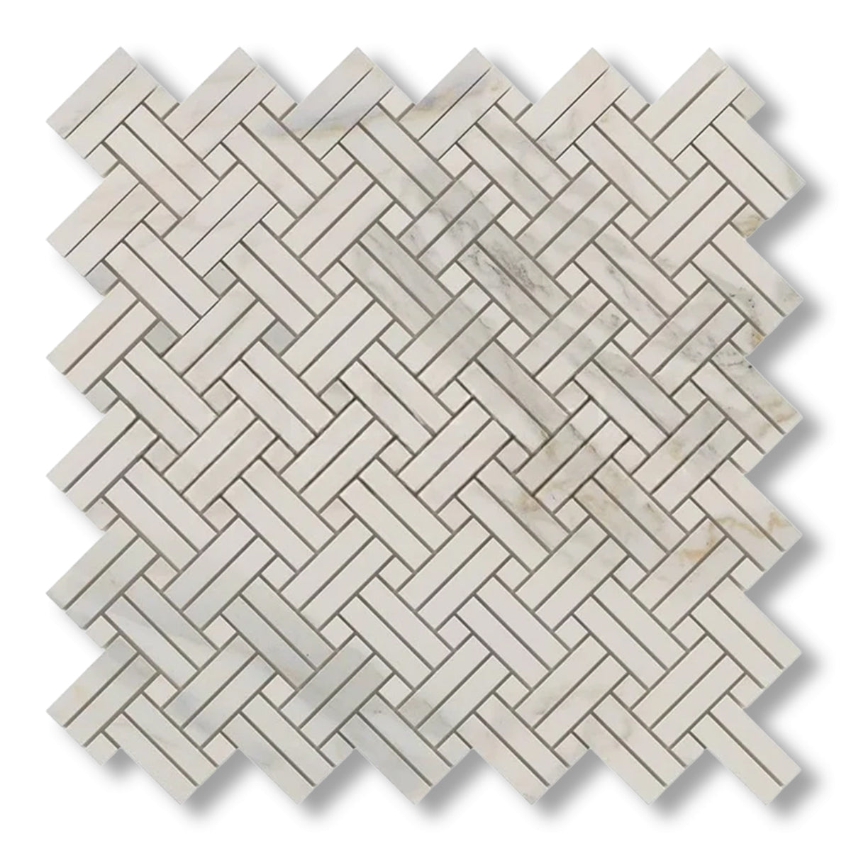 Calacatta Gold Marble Honed Stanza Basketweave Mosaic Tile w/ Calacatta Gold Dots - American Tile Depot