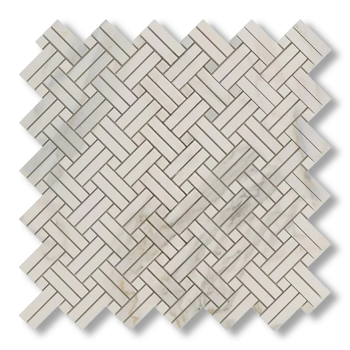 Calacatta Gold Marble Honed Stanza Basketweave Mosaic Tile w/ Calacatta Gold Dots - American Tile Depot