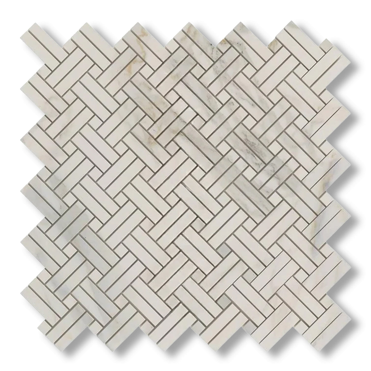 Calacatta Gold Marble Honed Stanza Basketweave Mosaic Tile w/ Calacatta Gold Dots - American Tile Depot