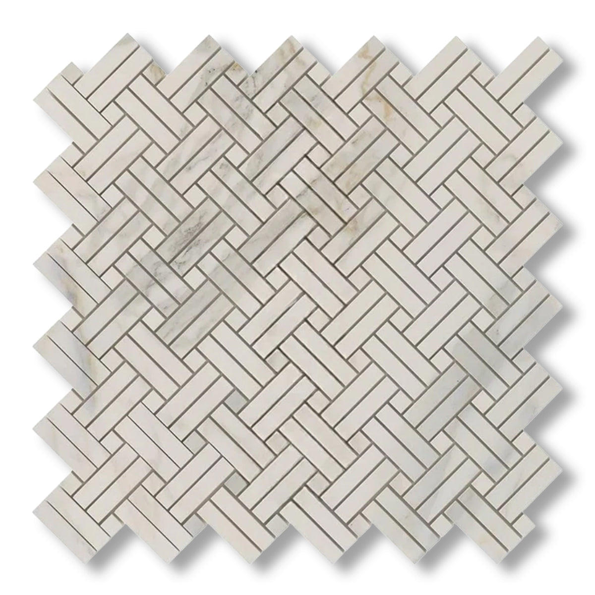 Calacatta Gold Marble Polished Stanza Basketweave Mosaic Tile w/ Calacatta Gold Dots - American Tile Depot