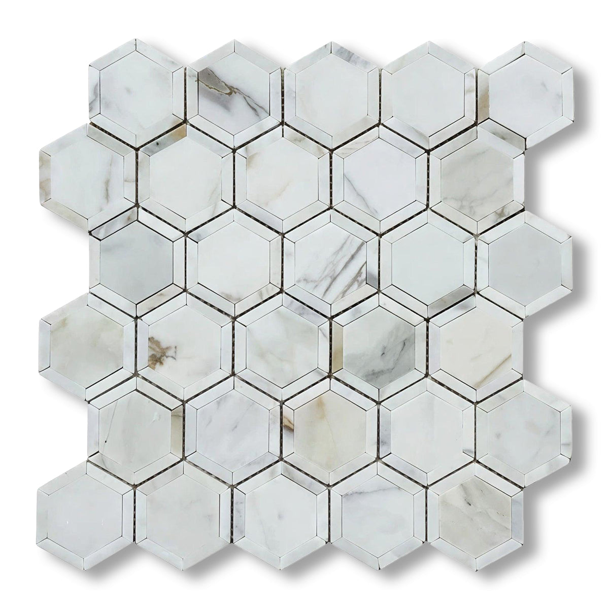 Calacatta Gold Marble Polished 2" Vortex Hexagon Mosaic Tile w/ Calacatta Gold Border