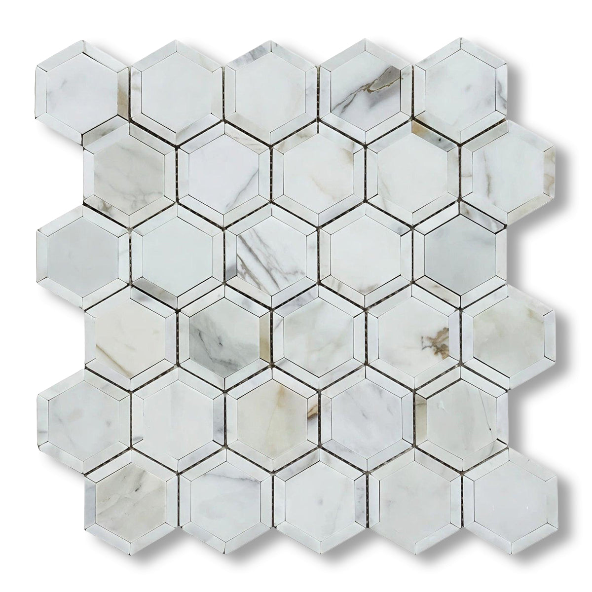 Calacatta Gold Marble Polished 2" Vortex Hexagon Mosaic Tile w/ Calacatta Gold Border - American Tile Depot