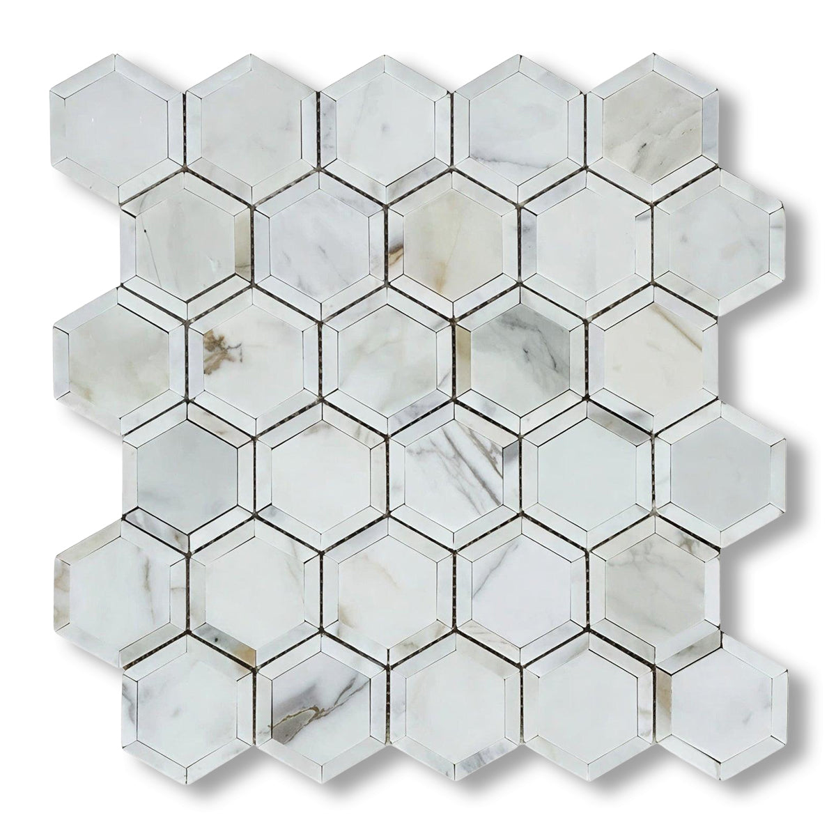 Calacatta Gold Marble Polished 2" Vortex Hexagon Mosaic Tile w/ Calacatta Gold Border - American Tile Depot
