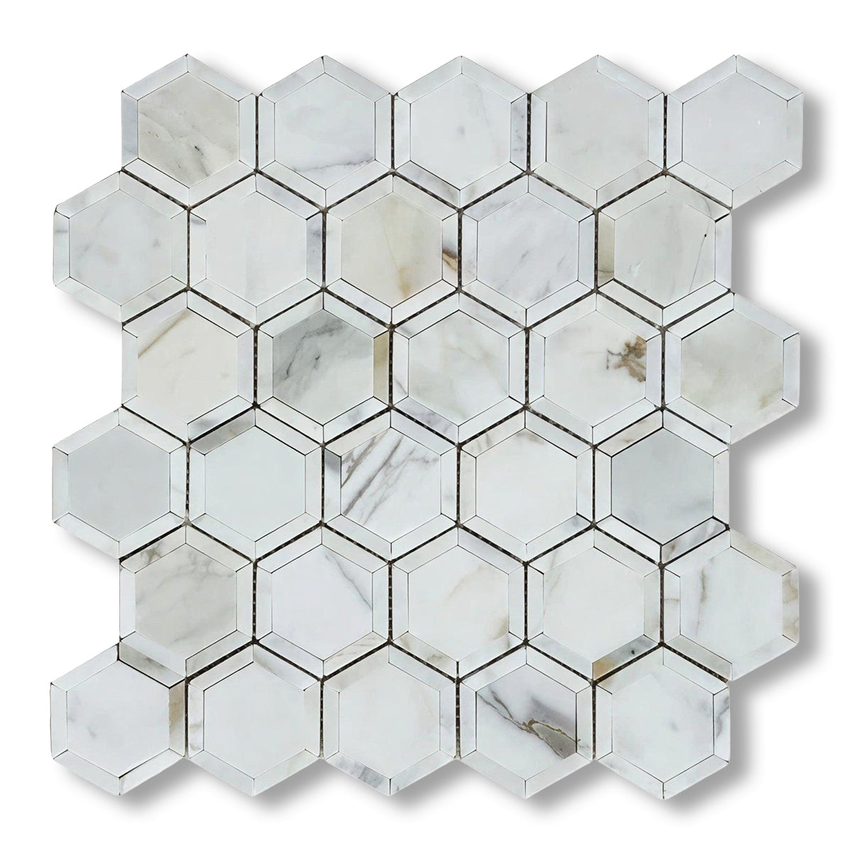 Calacatta Gold Marble Polished 2" Vortex Hexagon Mosaic Tile w/ Calacatta Gold Border - American Tile Depot