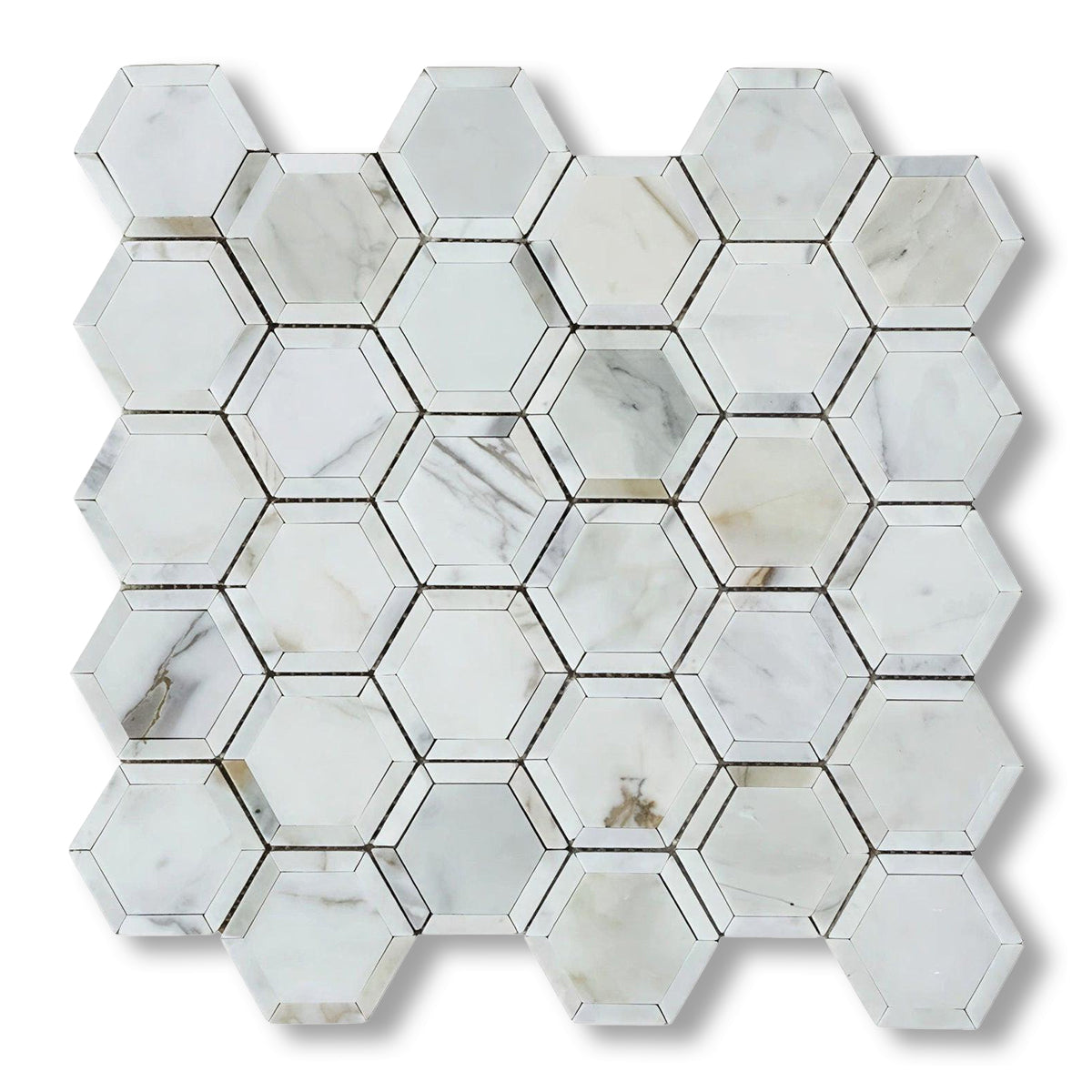 Calacatta Gold Marble Polished 2" Vortex Hexagon Mosaic Tile w/ Calacatta Gold Border - American Tile Depot