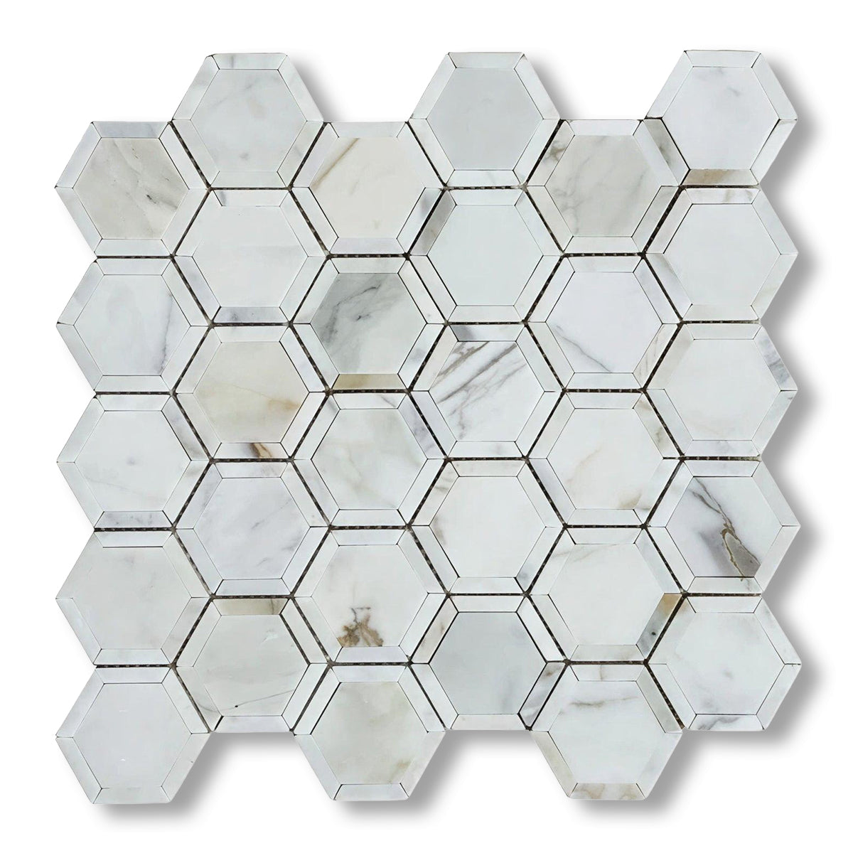 Calacatta Gold Marble Honed 2" Vortex Hexagon Mosaic Tile w/ Calacatta Gold Border - American Tile Depot