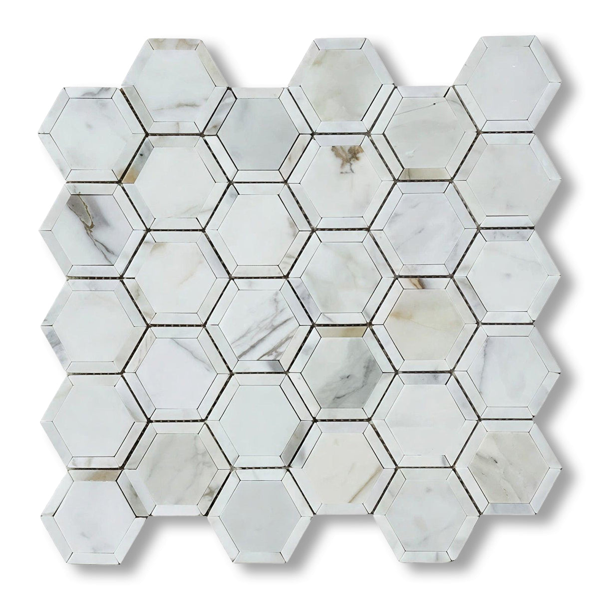 Calacatta Gold Marble Polished 2" Vortex Hexagon Mosaic Tile w/ Calacatta Gold Border - American Tile Depot
