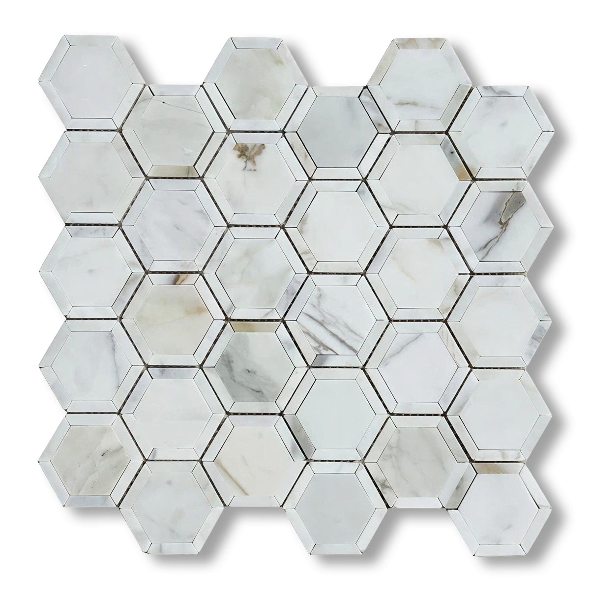 Calacatta Gold Marble Polished 2" Vortex Hexagon Mosaic Tile w/ Calacatta Gold Border