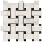 Calacatta Gold Marble Polished Large Basketweave Mosaic Tile w/ Black Dots Calacatta Gold Marble Polished Large Basketweave Mosaic Tile w/ Black Dots - American Tile Depot