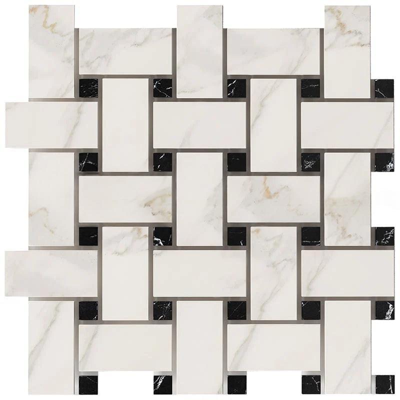 Calacatta Gold Marble Polished Large Basketweave Mosaic Tile w/ Black Dots Calacatta Gold Marble Polished Large Basketweave Mosaic Tile w/ Black Dots - American Tile Depot